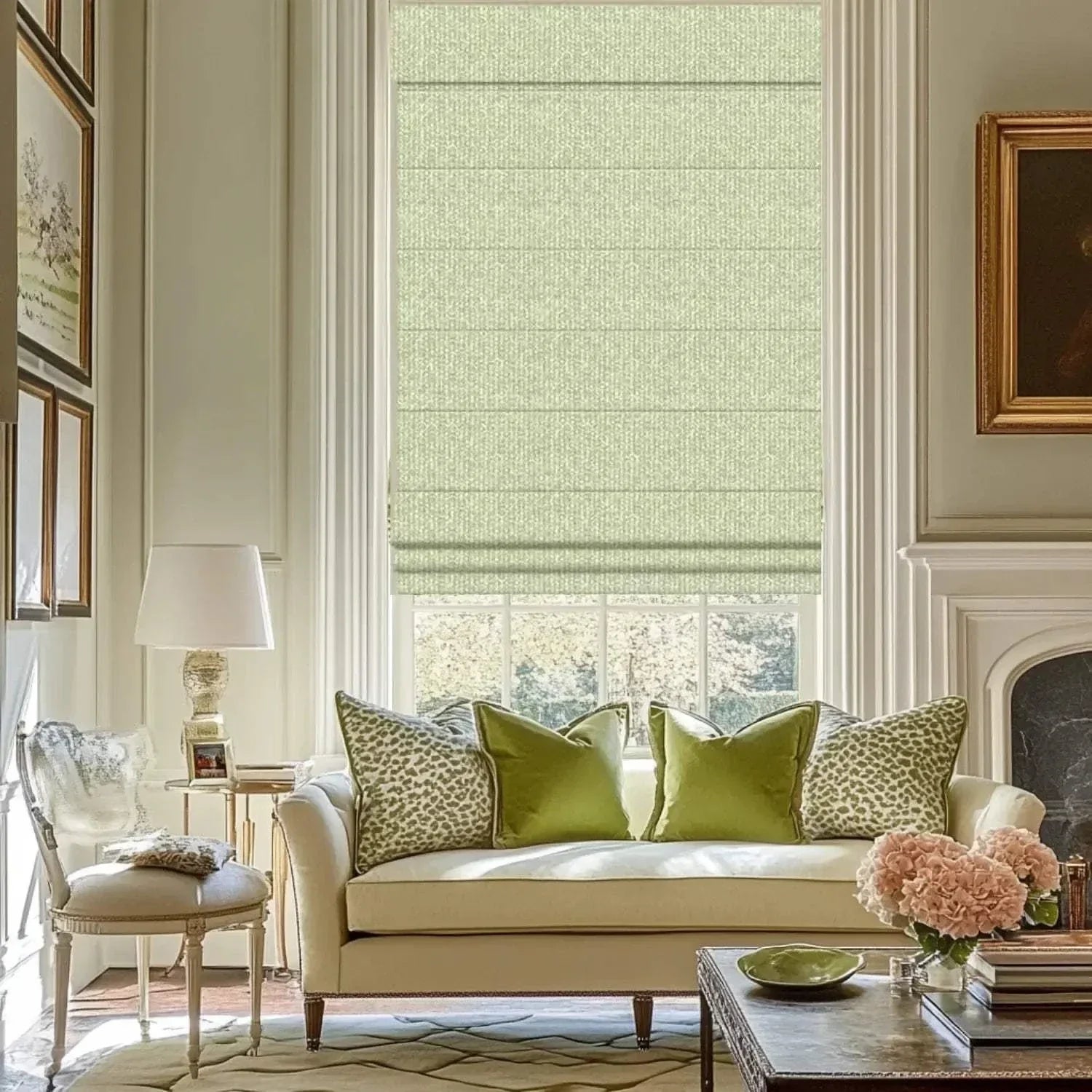 Value Blinds™ Premium Roman Shades in Olive Haze on window in elegant living room setting