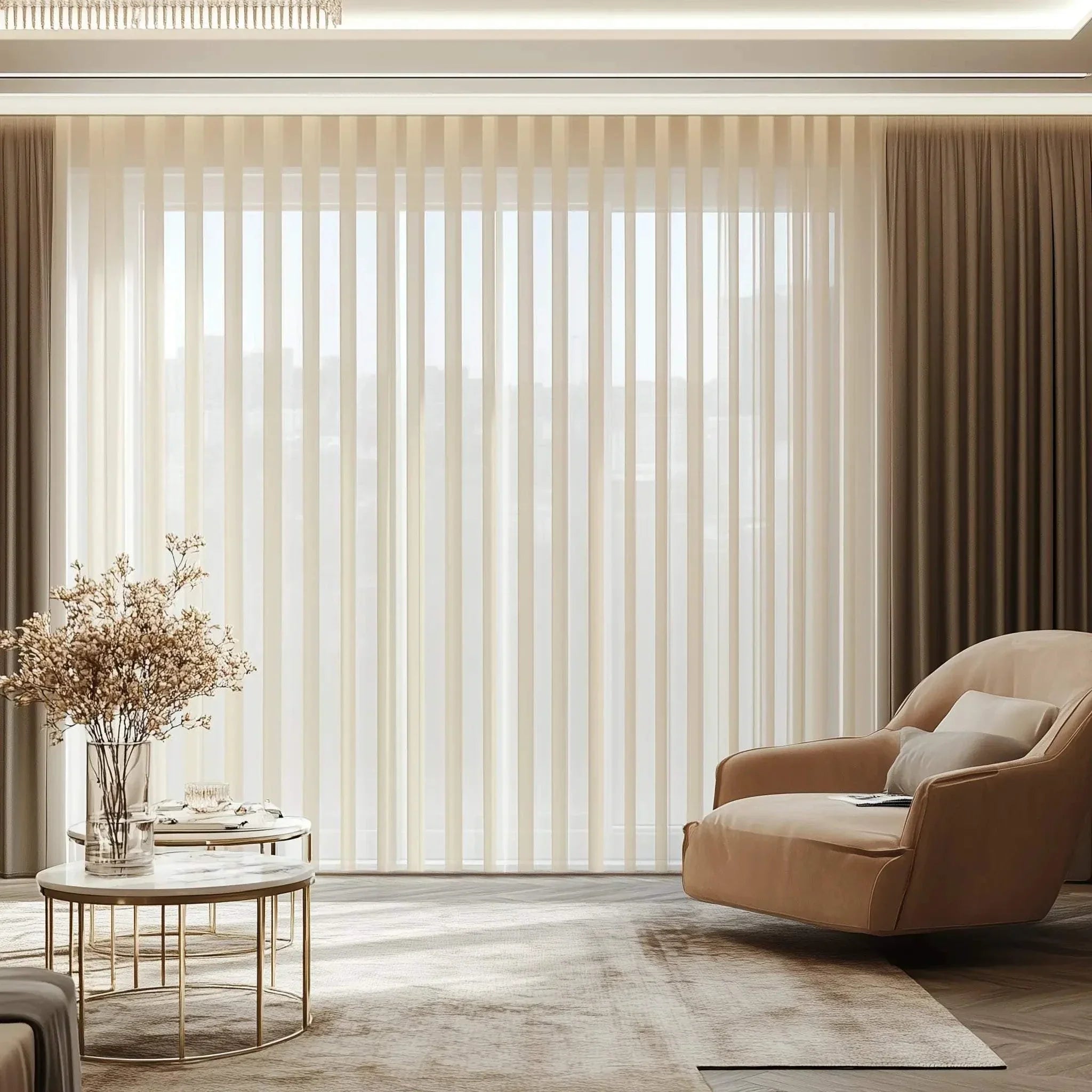 Value Blinds™ premium sheer-fabric vertical blinds in a modern living room with natural light and neutral decor