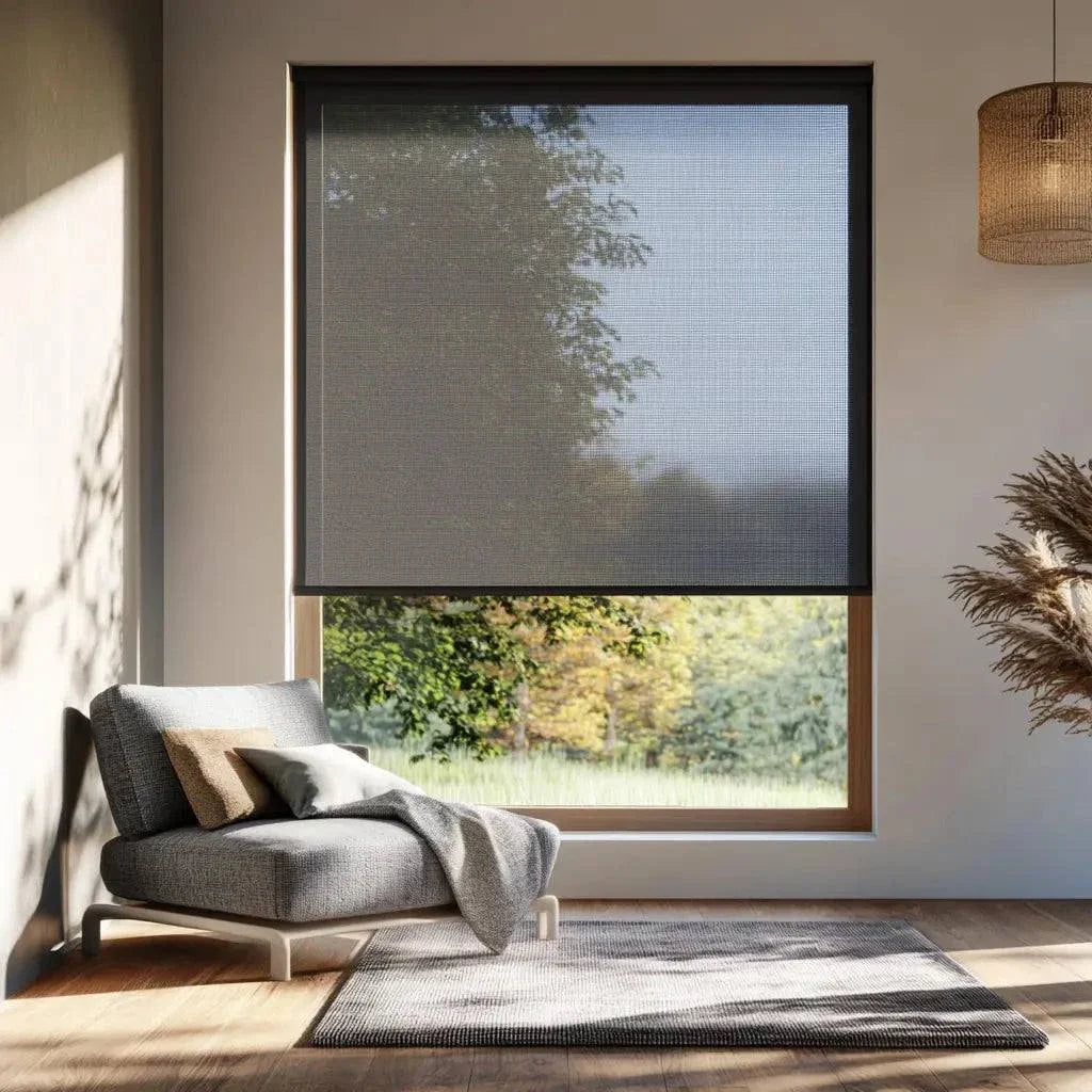 Value Blinds™ solar shades with smart motorization in a modern living room.