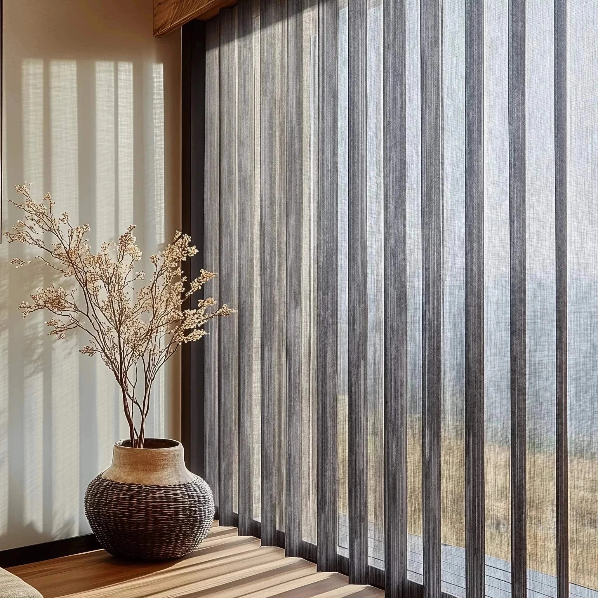 Value Blinds™ premium sheer-fabric vertical blinds filtering light in modern room with decorative vase