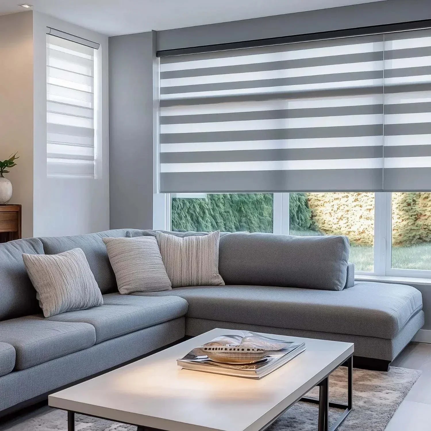 Elegant and premium zebra shades with motorized blackout fabric and smart cordless control for stylish light management