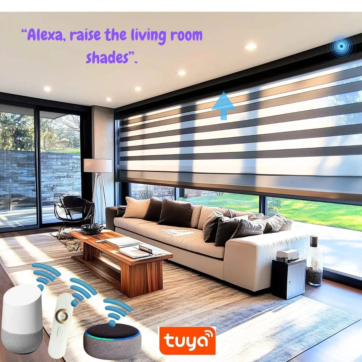 Modern living room with Value Blinds™ motorized zebra shades featuring smart control, blackout, waterproof, and stain-resistant technology