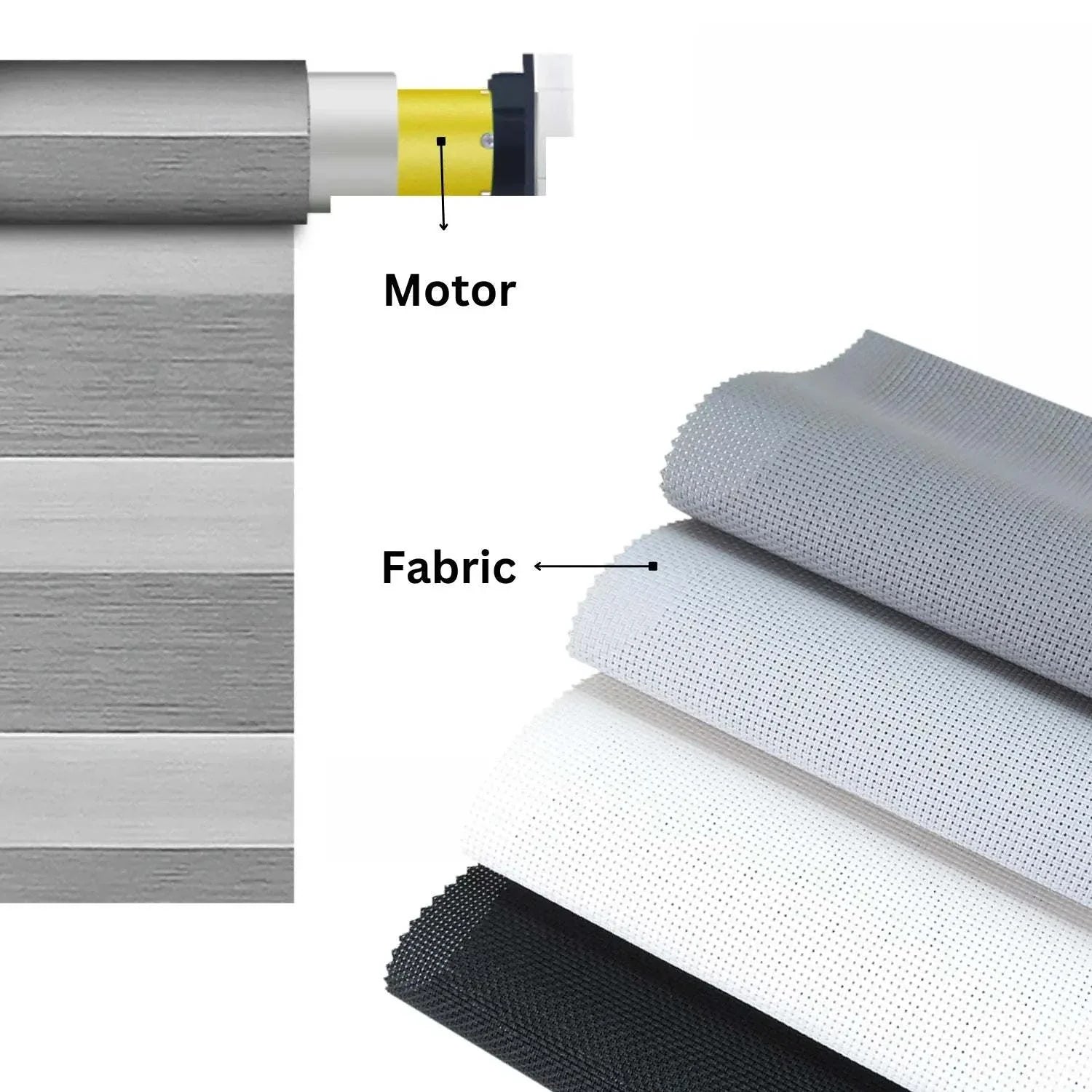 Value Blinds™ motorized zebra shades with layered light-filtering fabric in gray, white, and black options for adjustable light control and privacy.