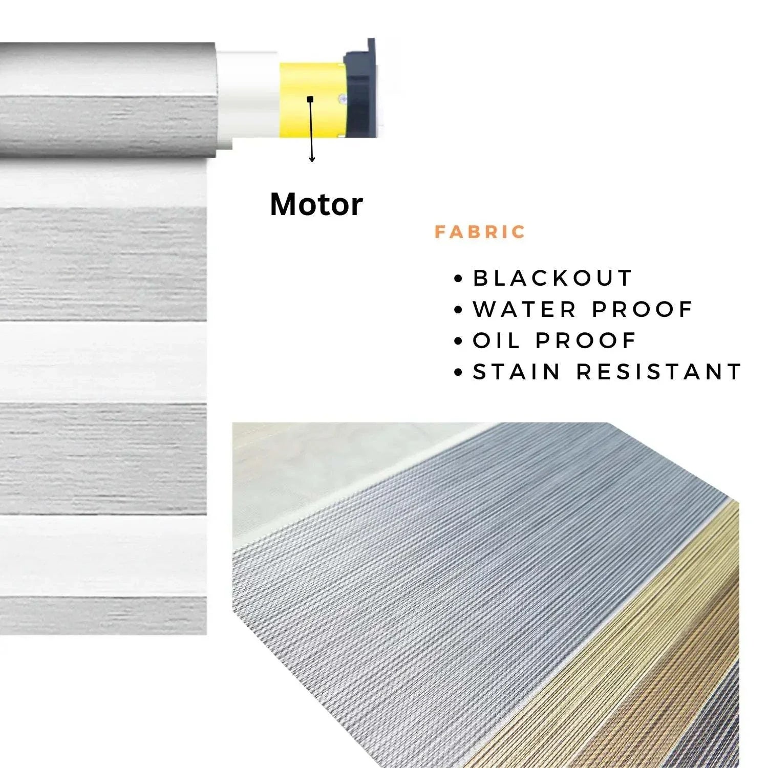 Value Blinds™ motorized zebra shades with blackout, waterproof, oil-proof, and stain-resistant fabric