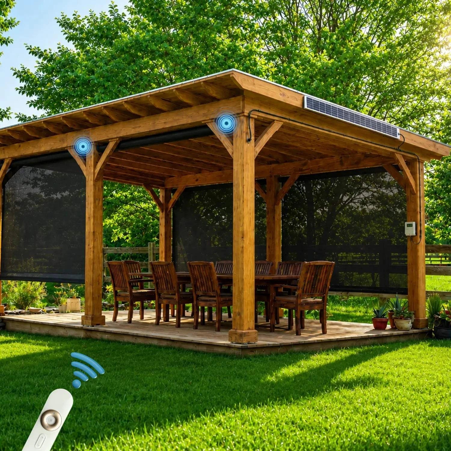 Value Blinds® custom solar-powered motorized outdoor shade without wiring on a patio