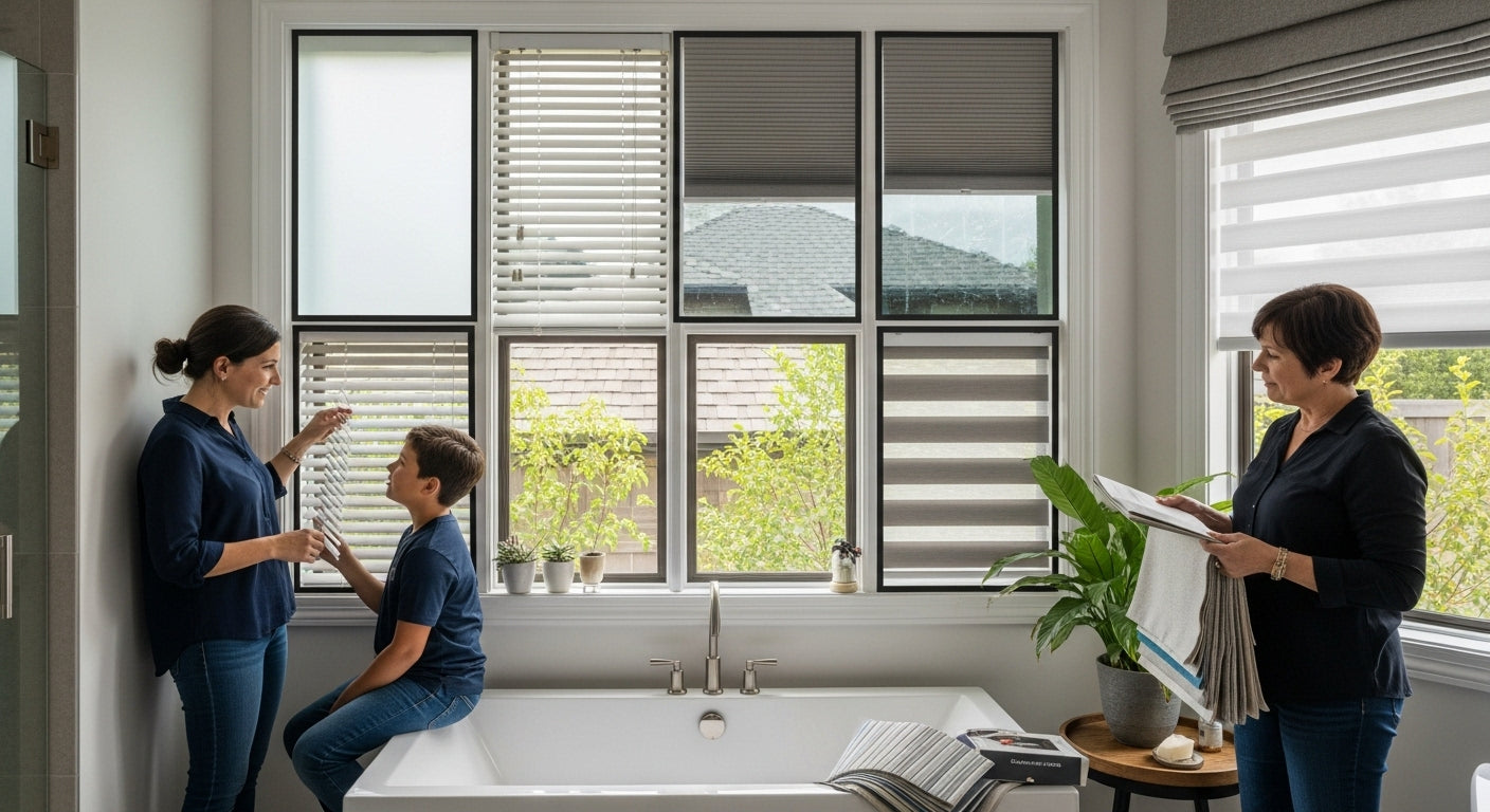 bathroom window coverings, privacy, modern bathroom