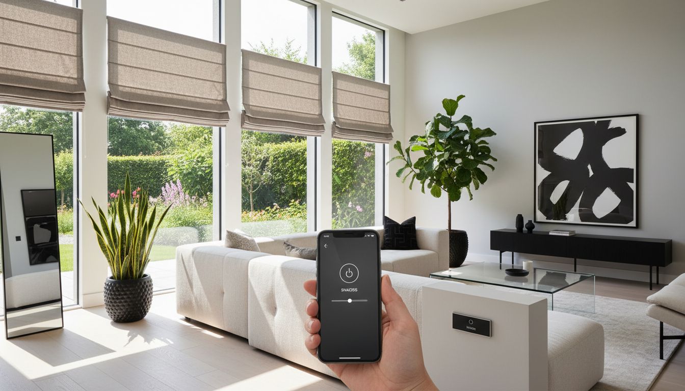 Modern living room with motorized Roman shades