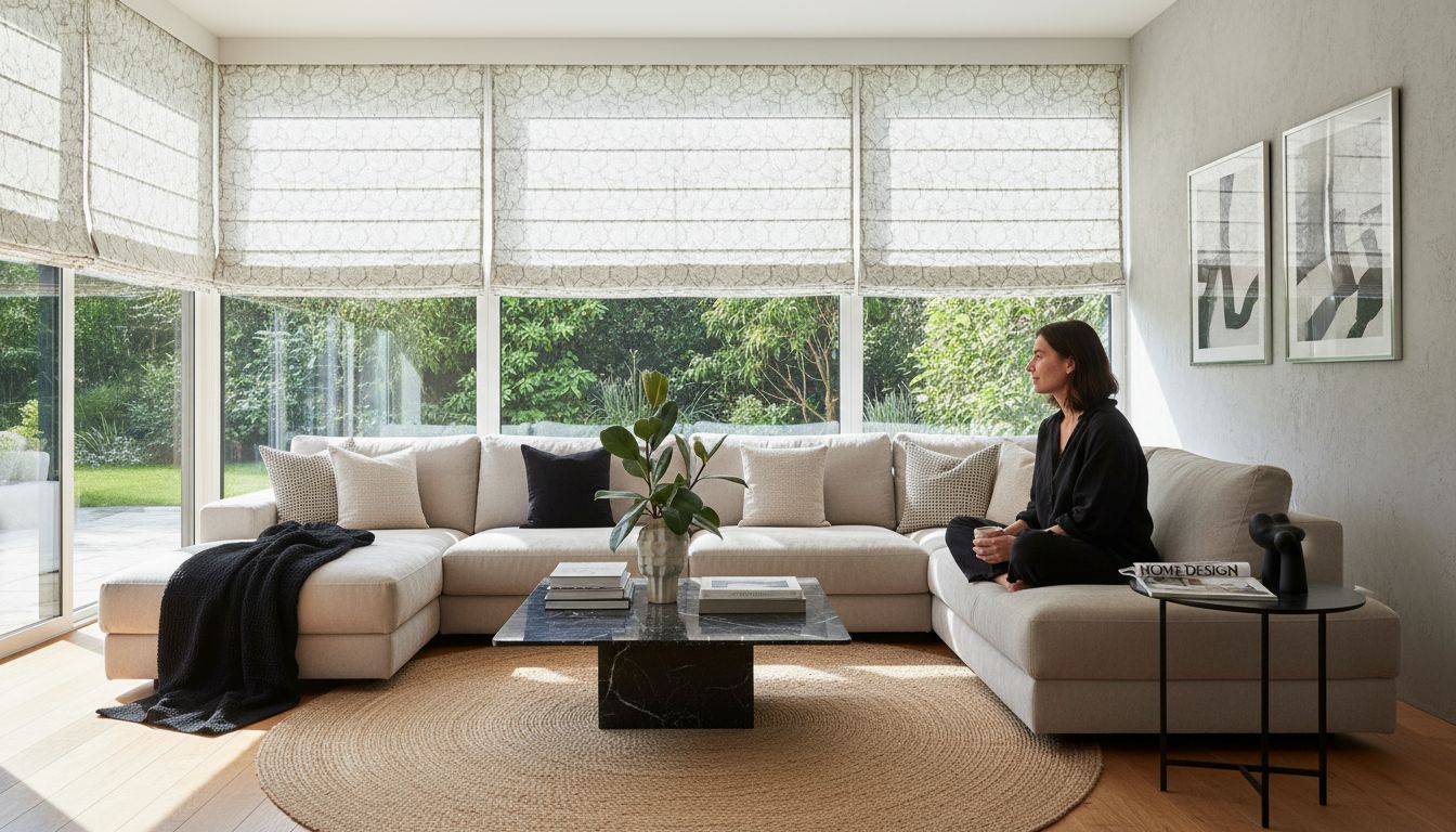 Modern living room with decorative patterned blinds