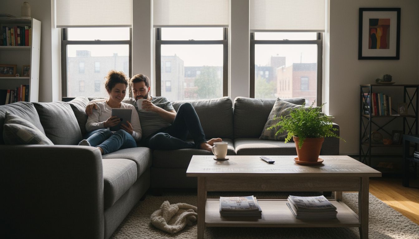 Couple with motorized shades in city living room
