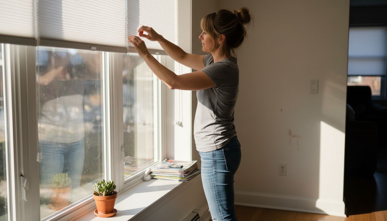 Woman installing no drill window blinds
