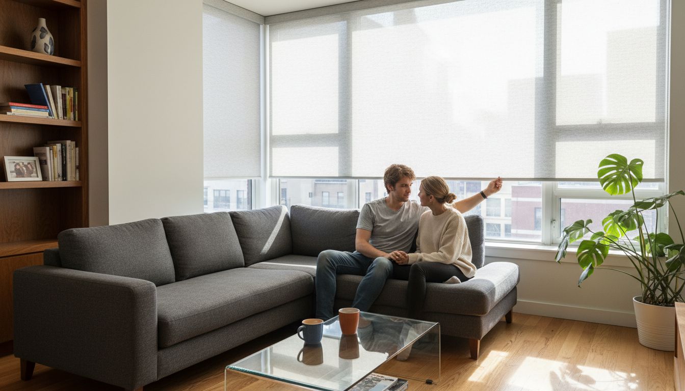 Couple adjusting roller shades in city apartment