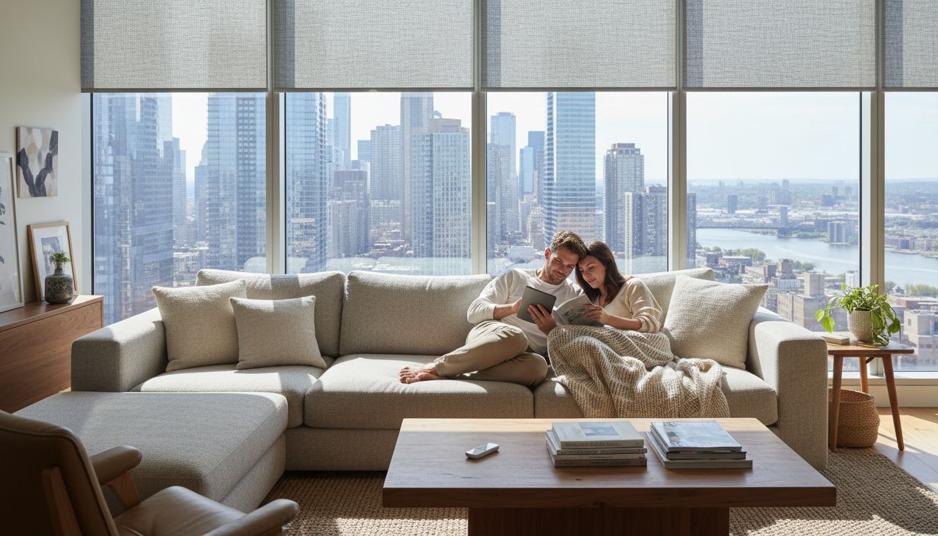 Smart blinds in city apartment living room