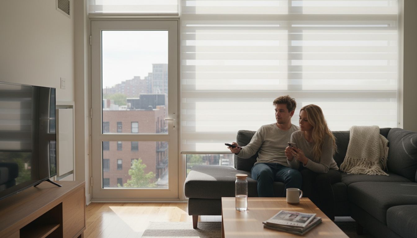 Couple using remote for living room motorized blinds