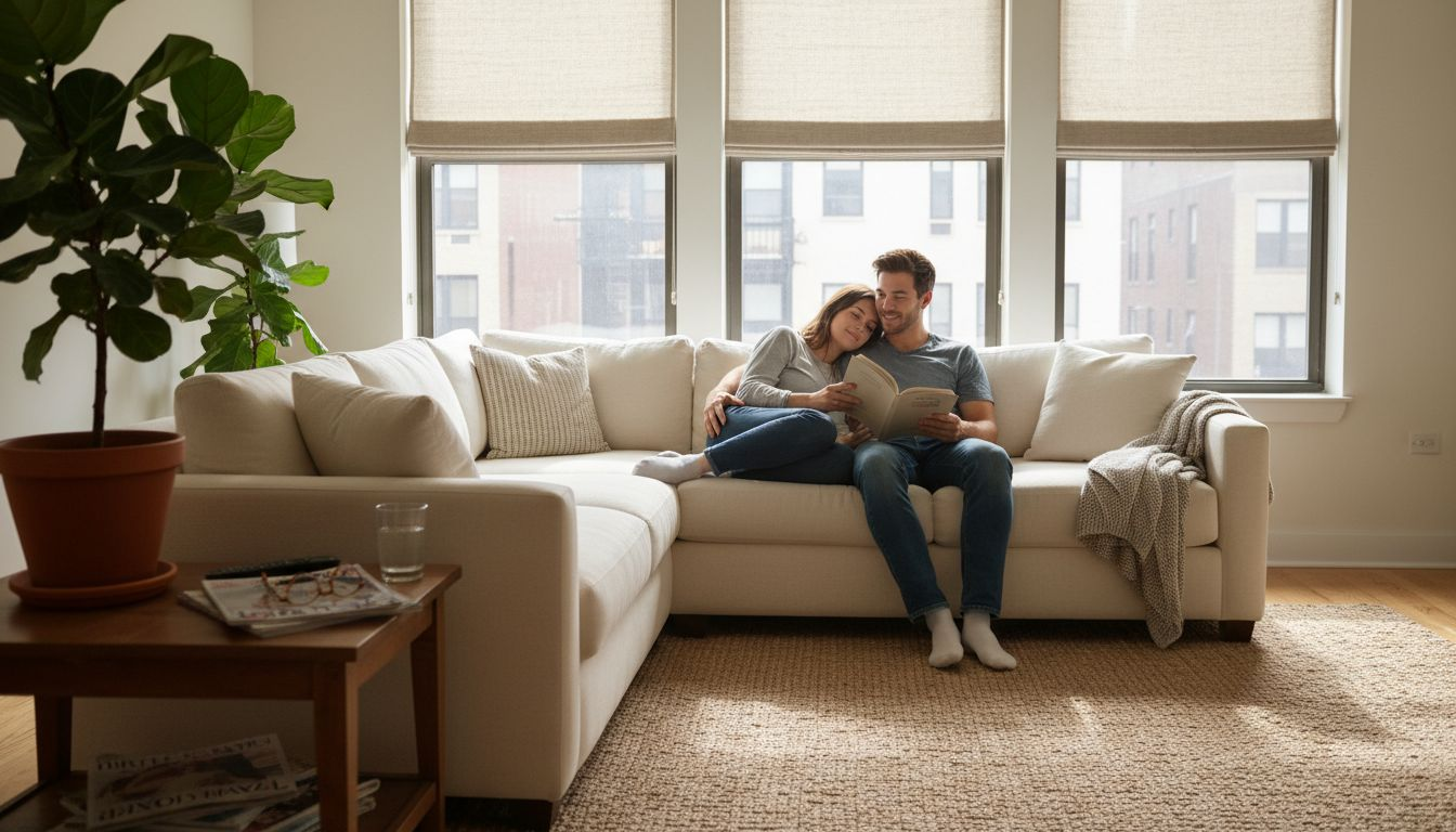 Living room with roller shades and natural light