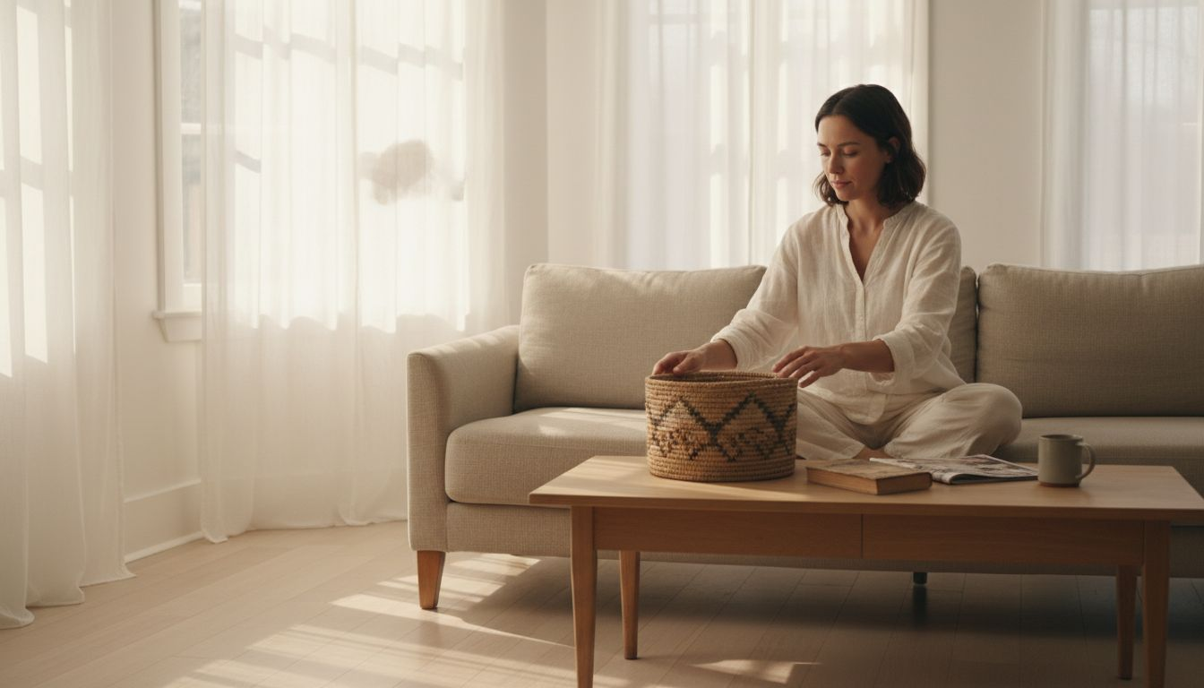 Minimalist living room with woman arranging basket