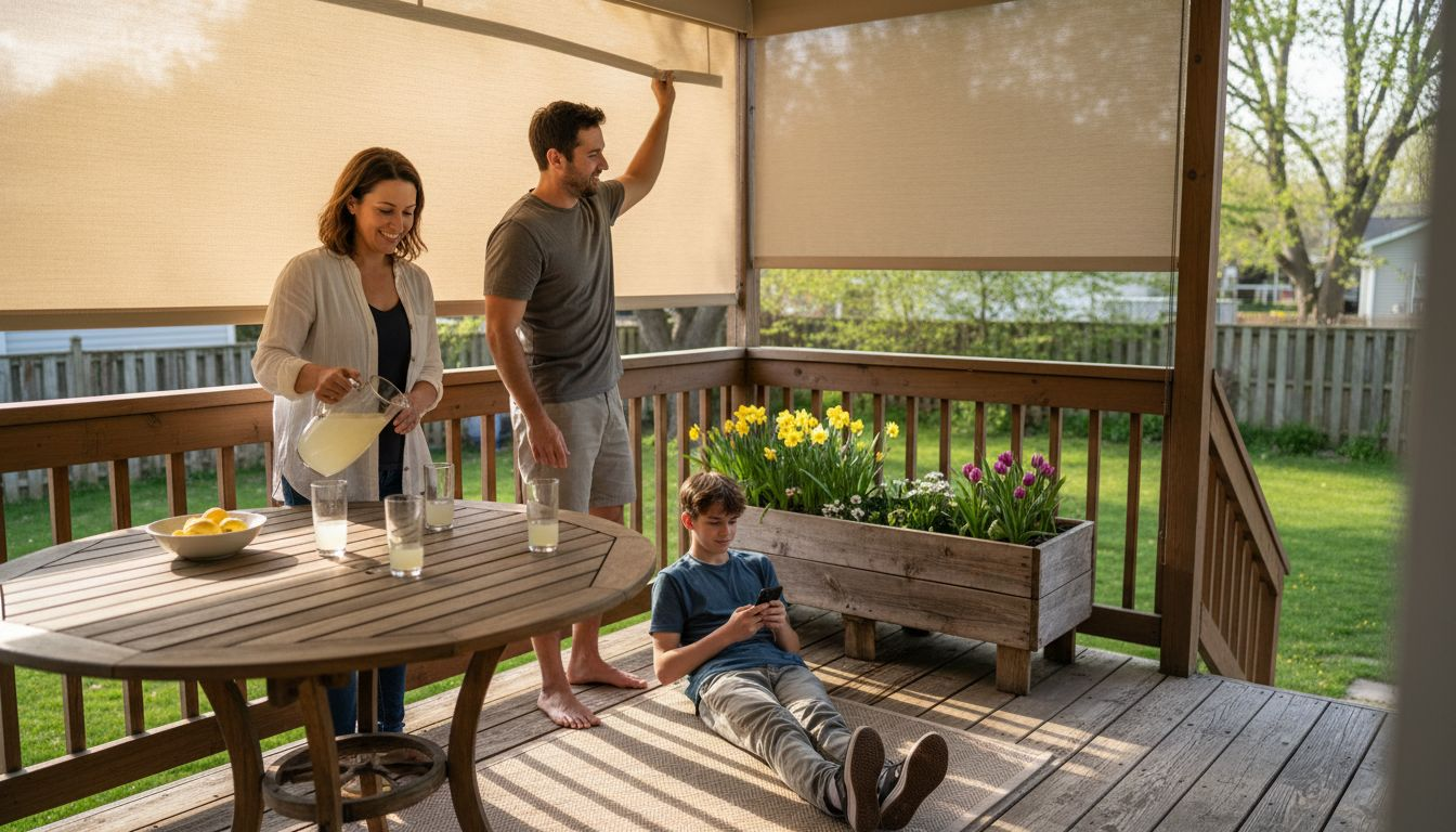 Family relaxing under outdoor patio blinds