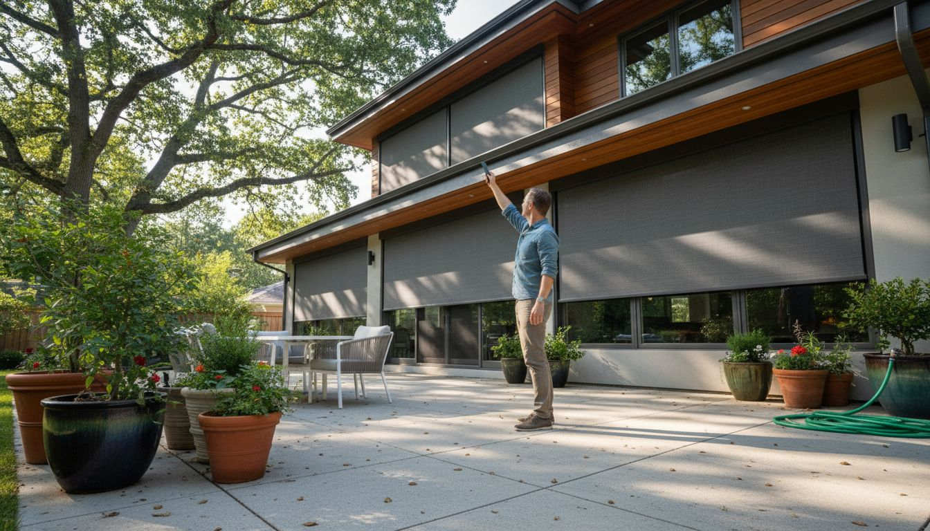 Person adjusts exterior motorized shades on patio