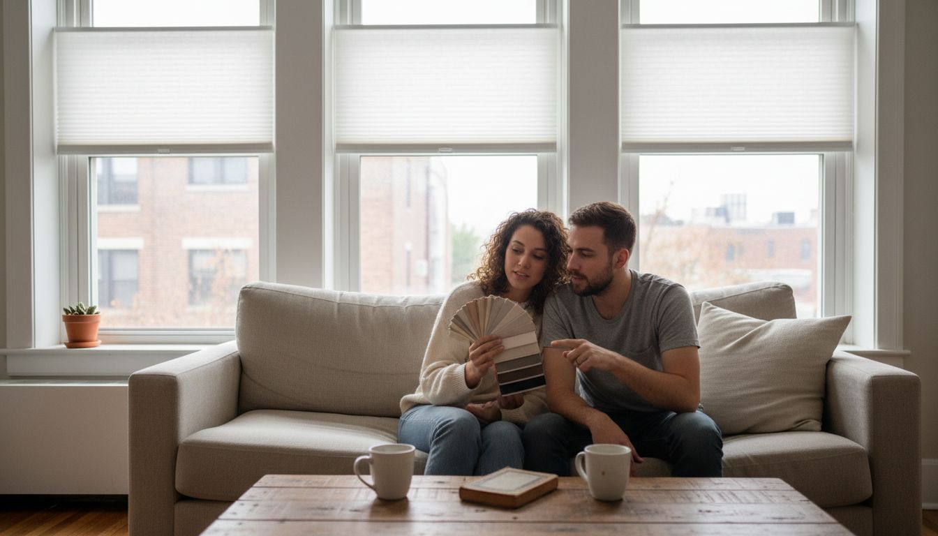 Couple debating window treatments in bright apartment