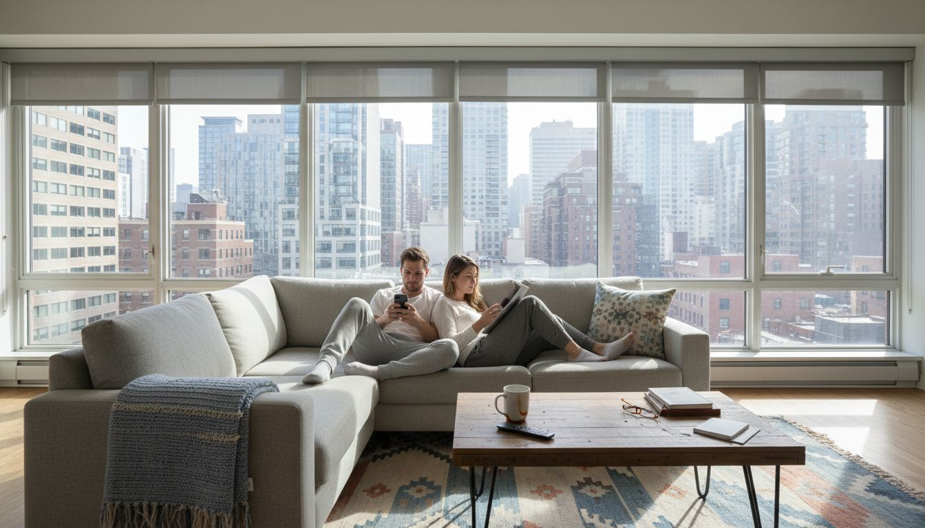 Couple relaxing with custom motorized shades