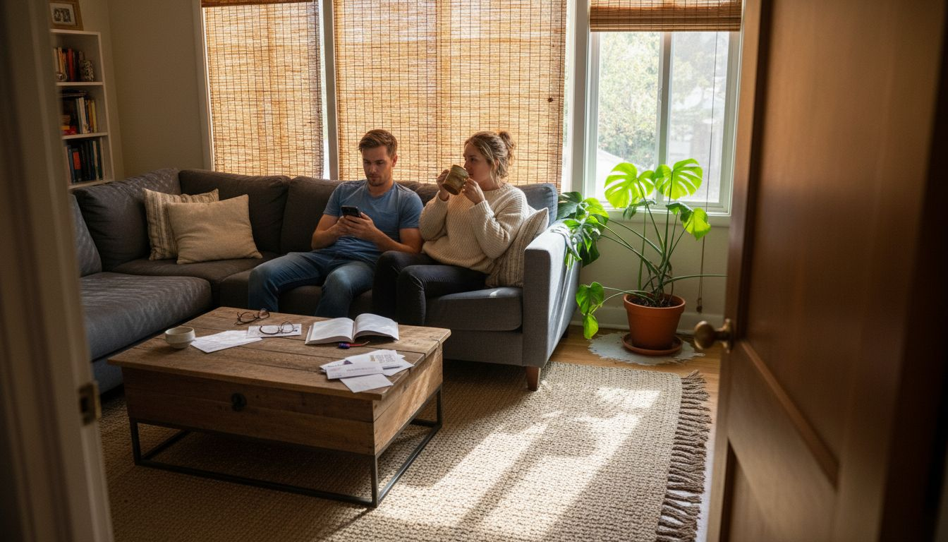 Couple relaxing with bamboo natural blinds