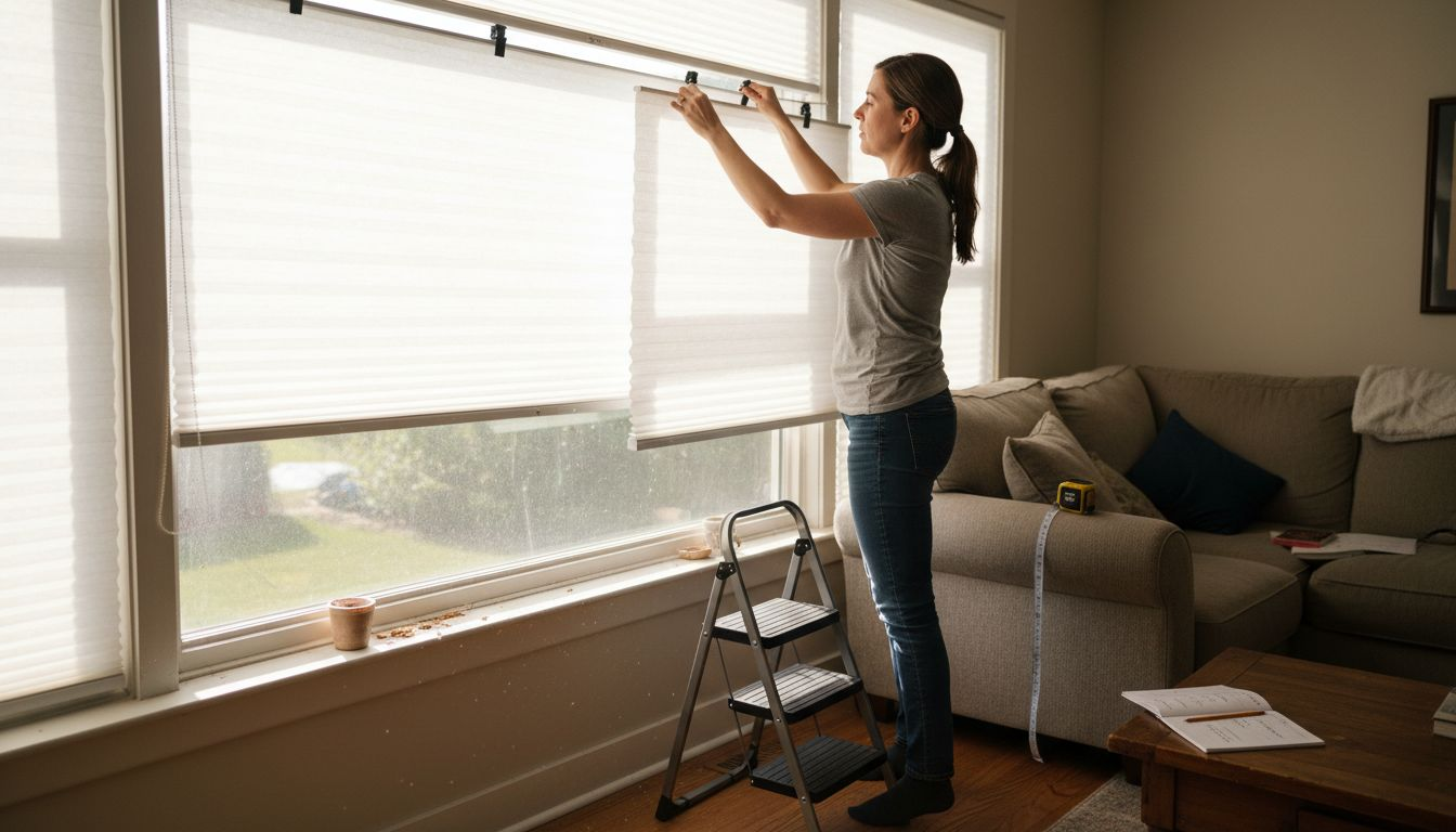 Woman installing no drill blinds on window