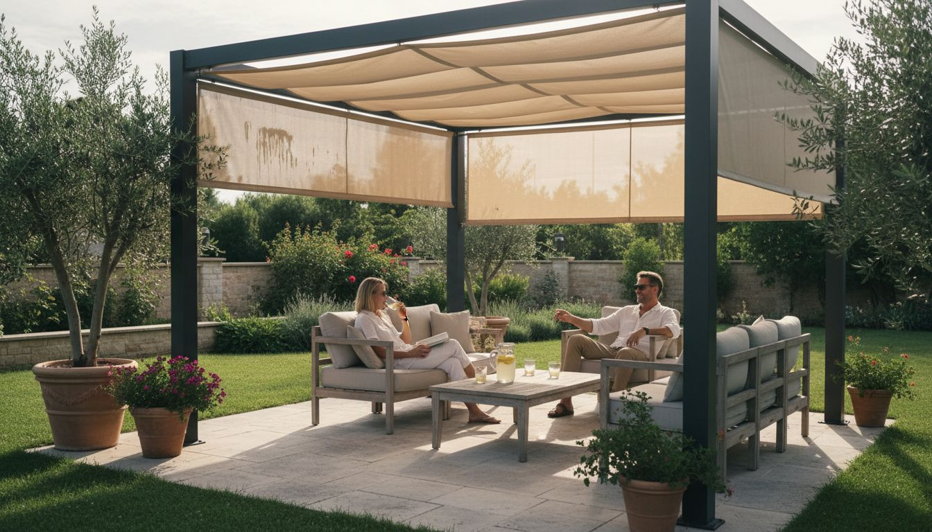 Couple relaxing under stylish covered backyard pergola