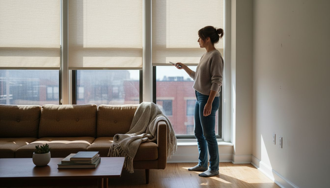 Woman operating remote blinds in living room
