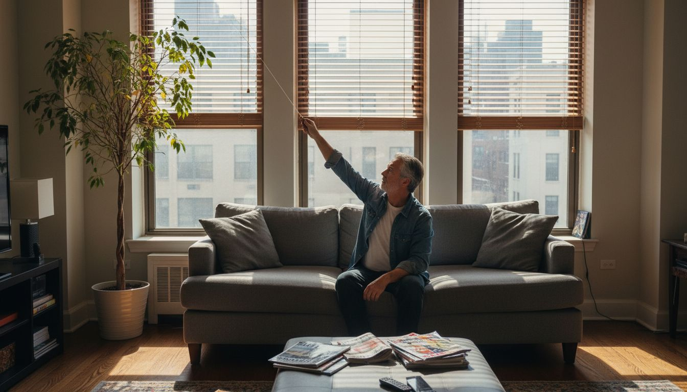 Man adjusting wood blinds in apartment