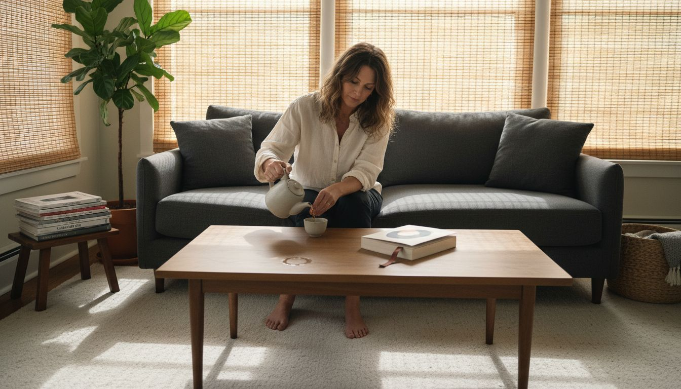 Woman pouring tea near bamboo window shades