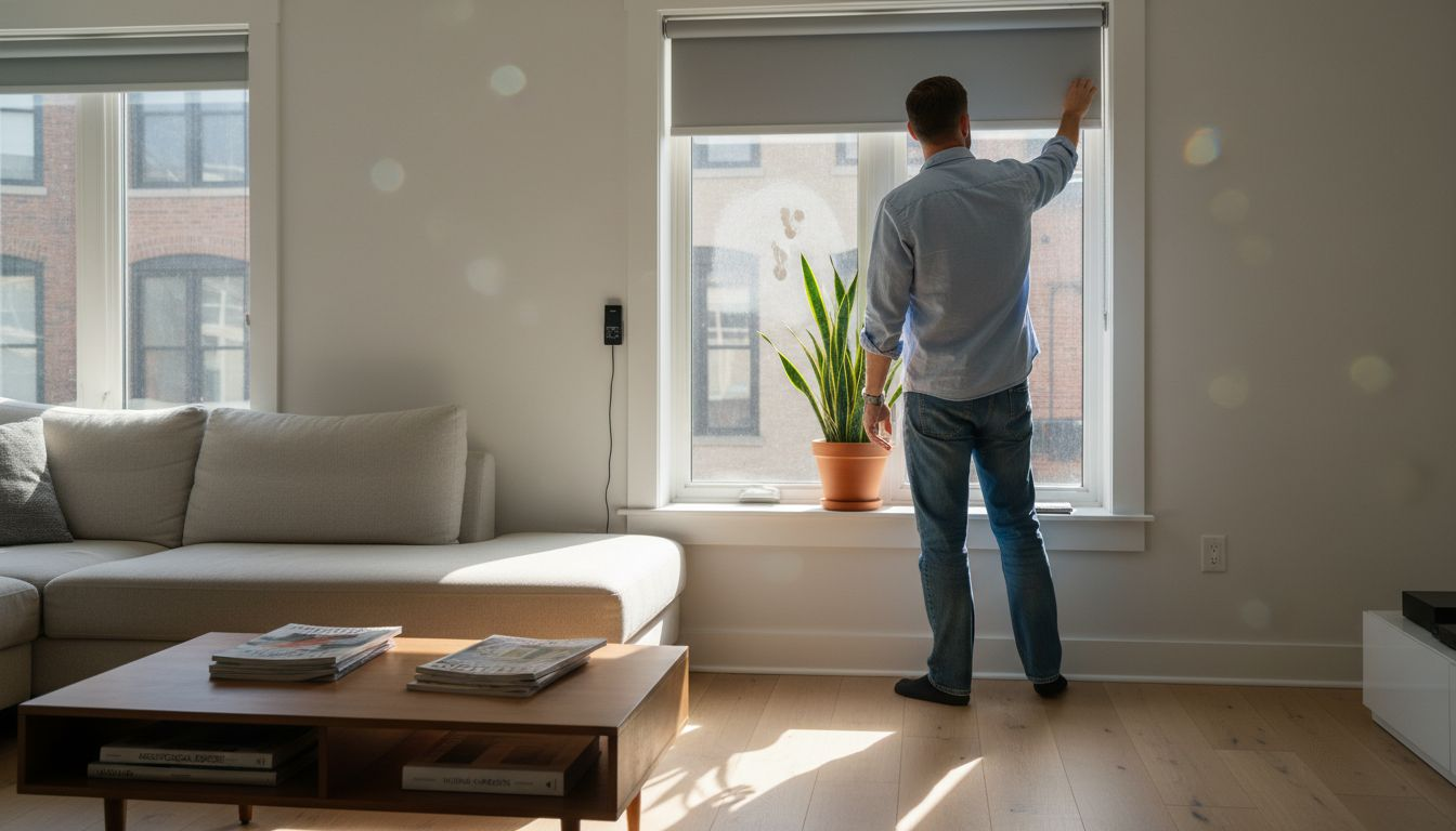 Homeowner adjusting custom window shades