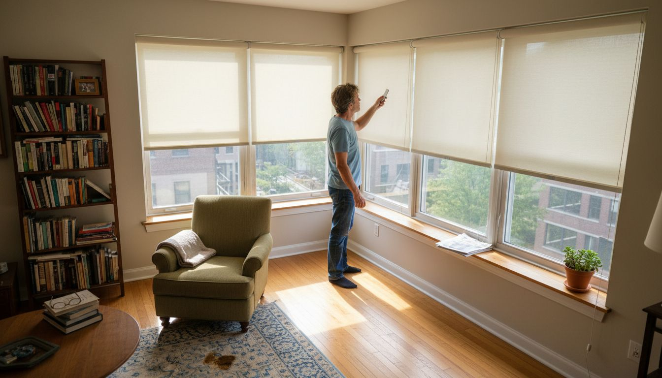 Homeowner adjusting remote roller shades