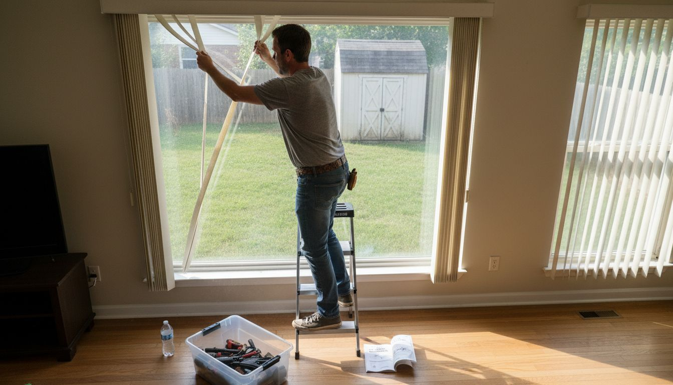 Person preparing window for motorized blinds installation