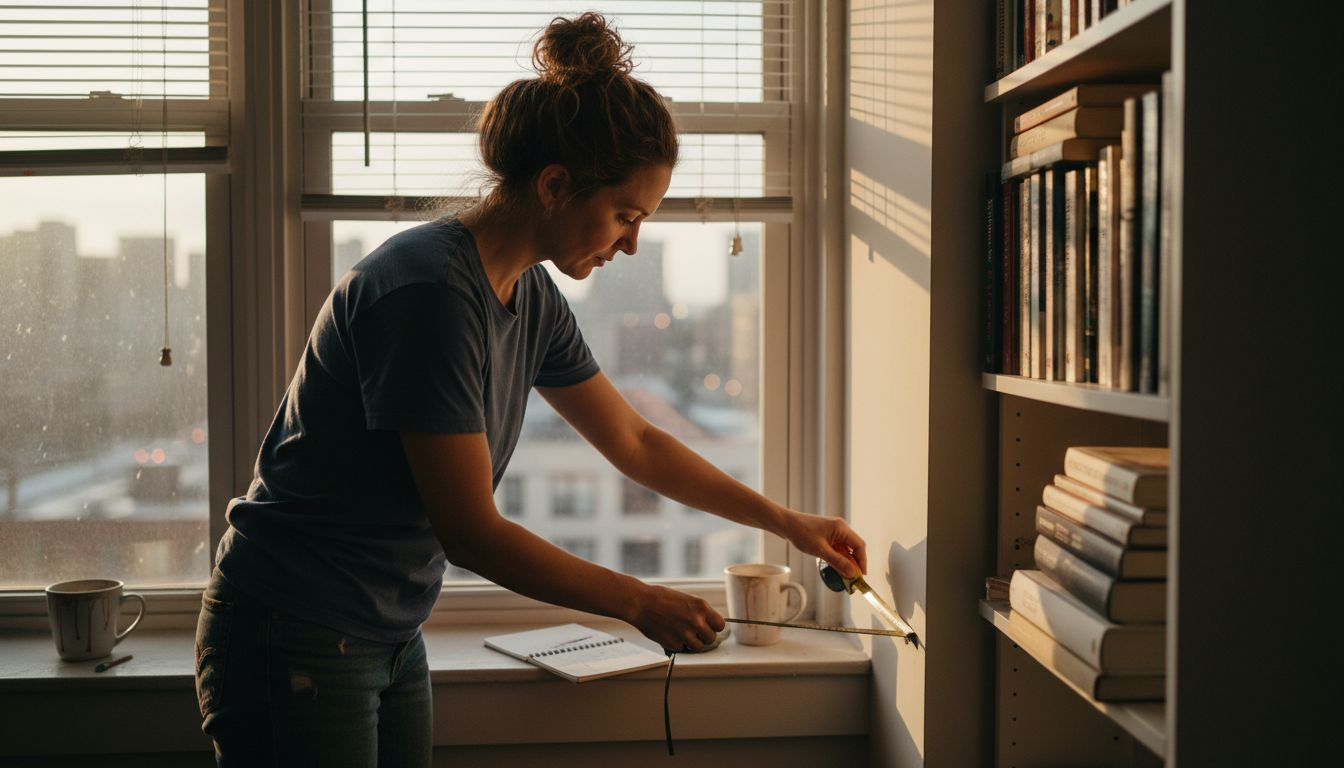 Woman measuring window for mini blinds