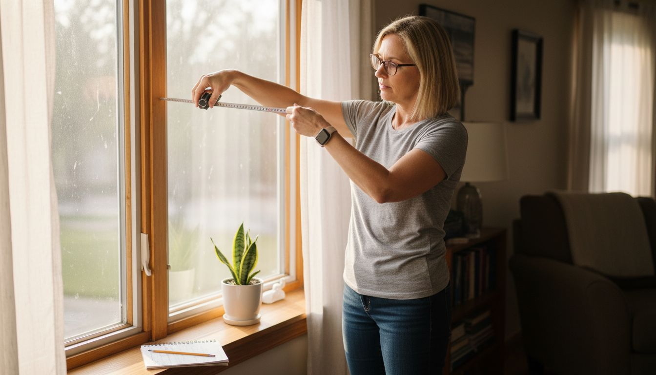 Woman measuring window frame for inside blinds