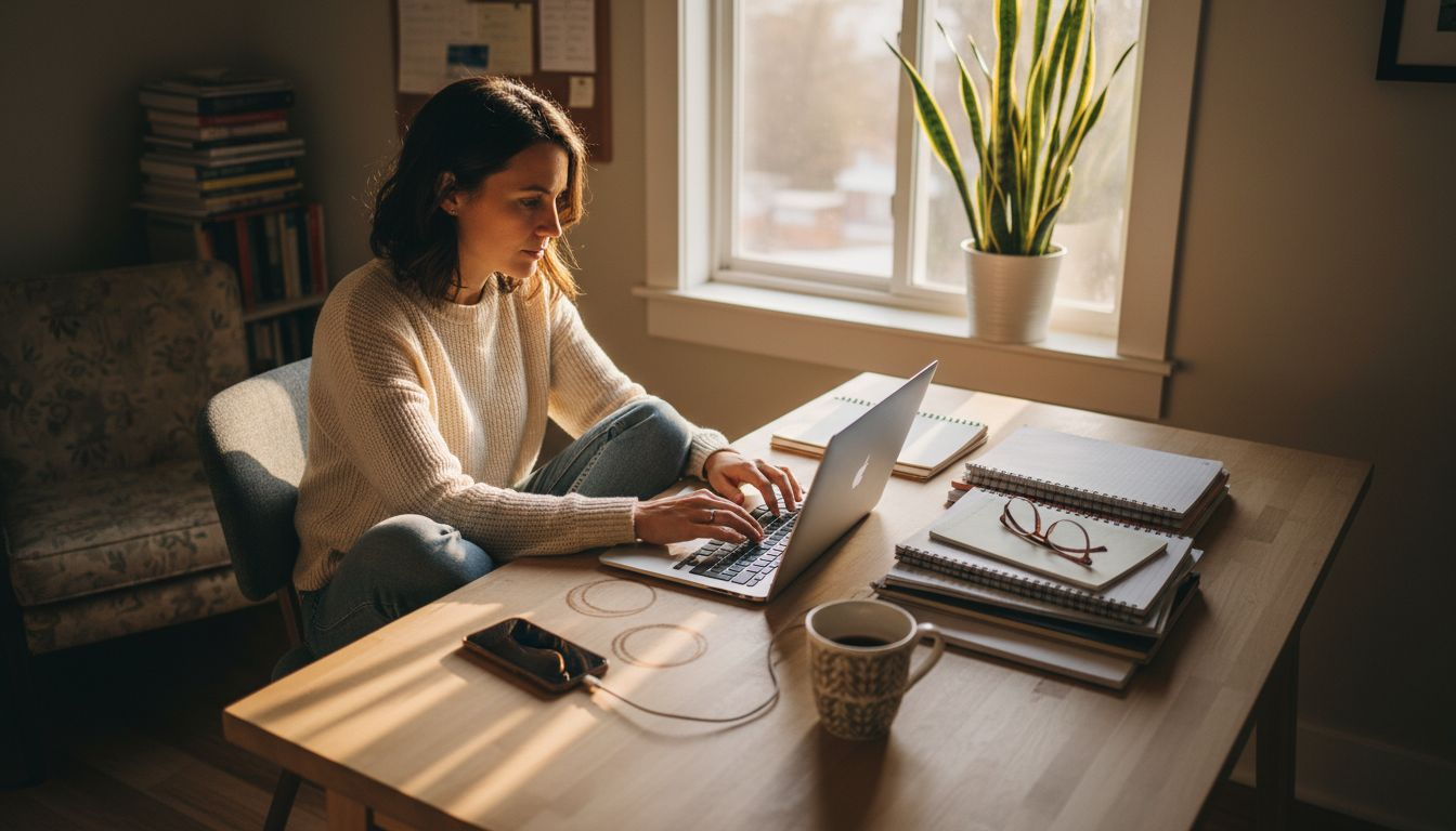 Woman working in a sunny home office space