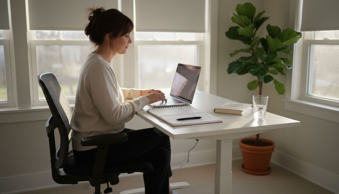 Home office with ergonomic setup and morning sunlight