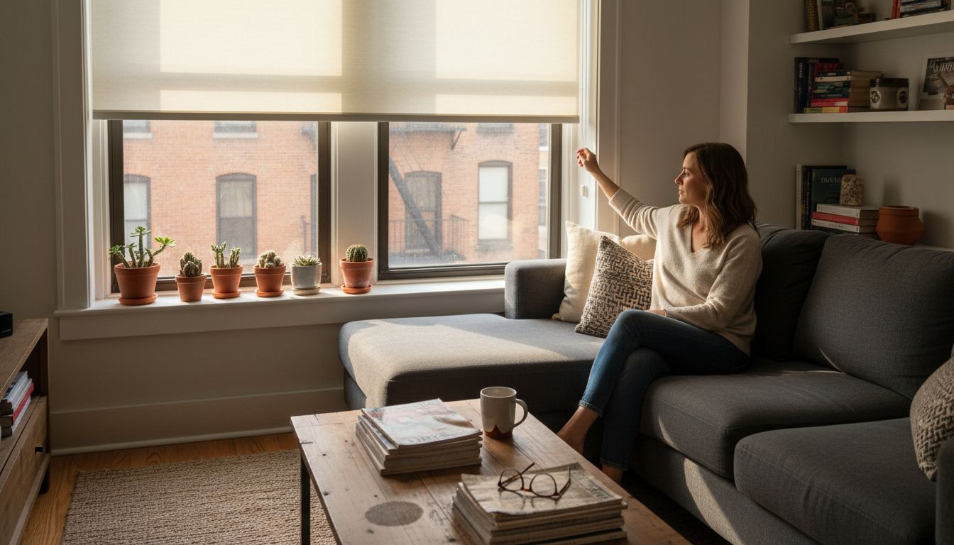 Woman adjusting privacy light filtering shade in living room