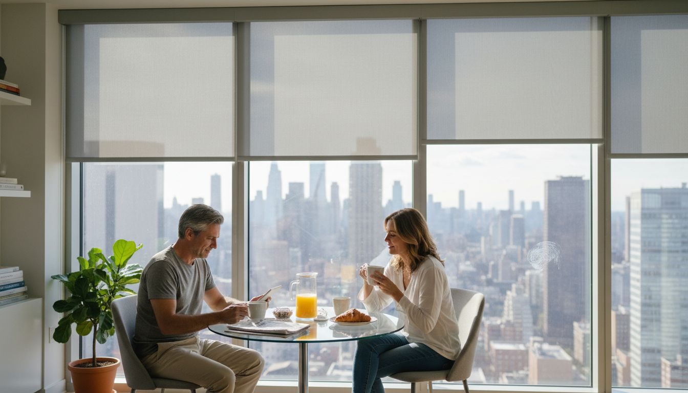 Motorized roller shades in elegant city apartment