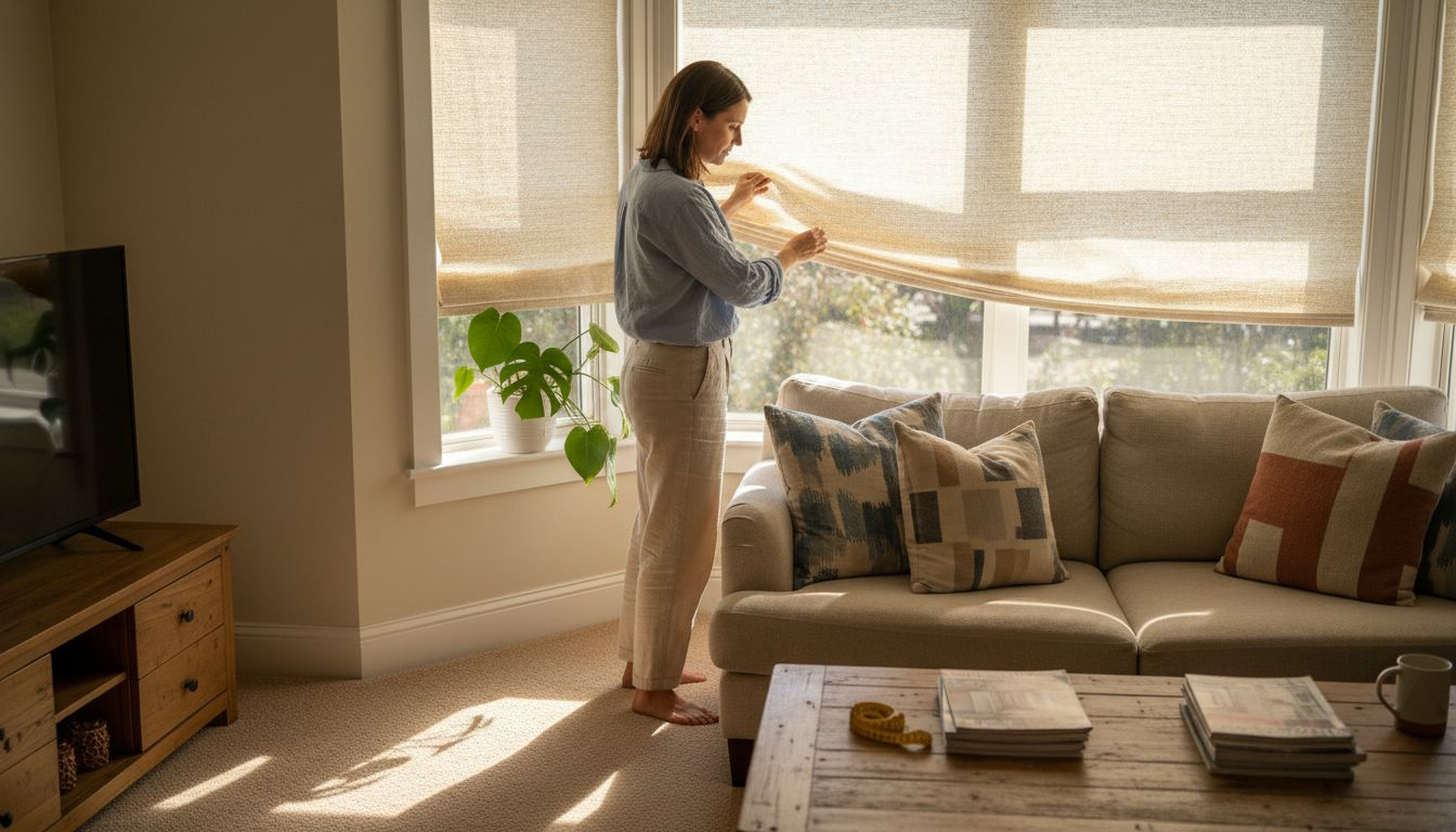 Designer adjusts blinds in bright living room