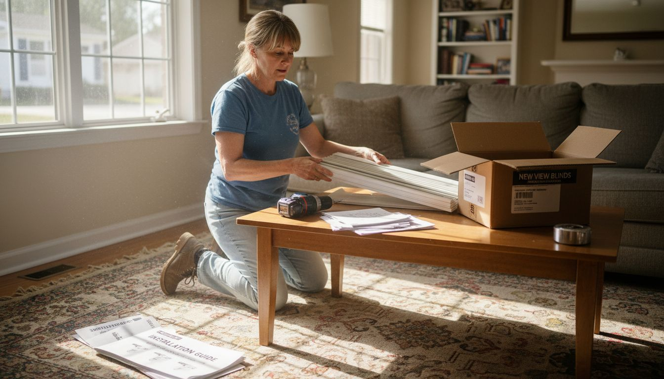 Woman unboxes blinds in sunny living room