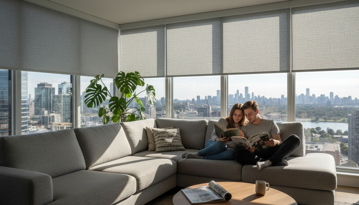 Couple enjoying living room with fabric roller shades