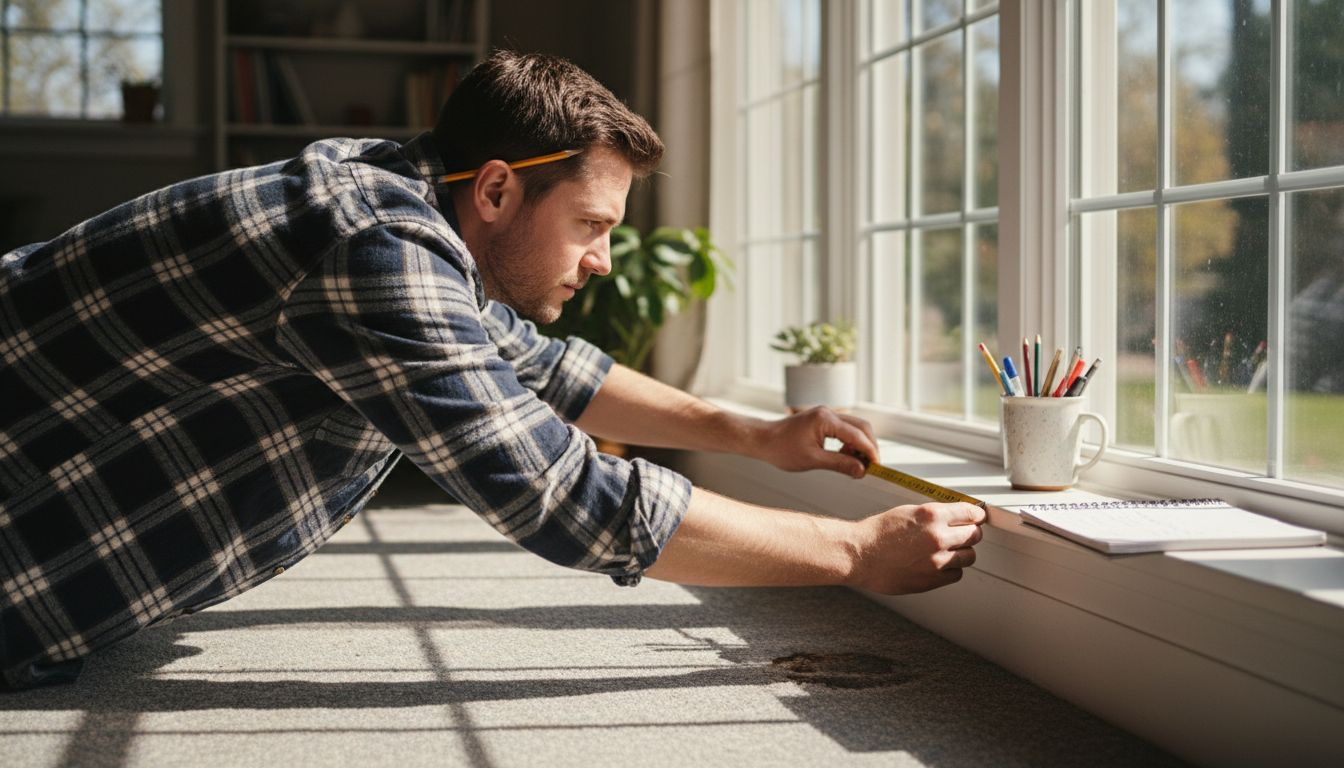 Homeowner measures window width with tape measure