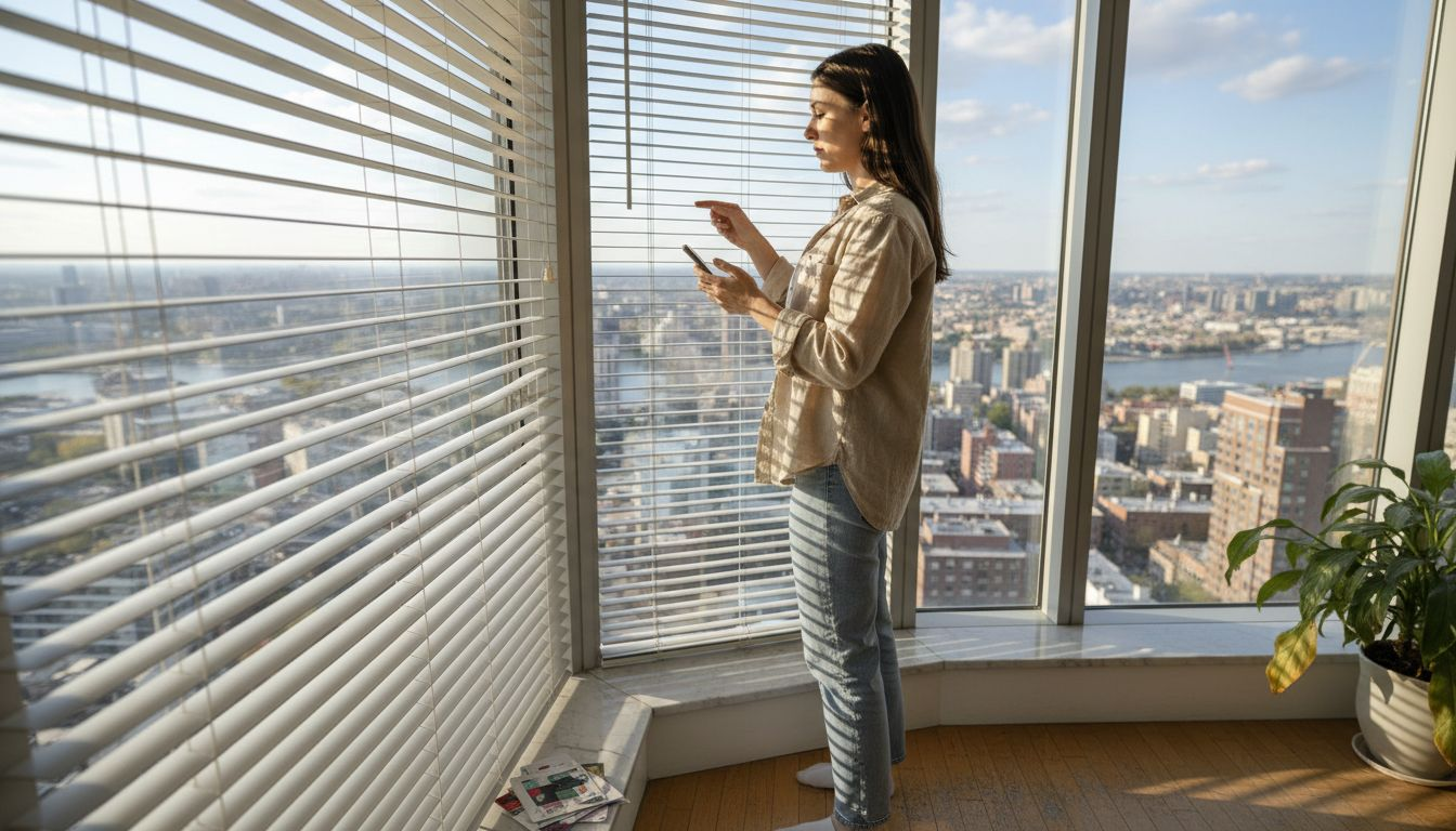 Person adjusting blinds in urban apartment