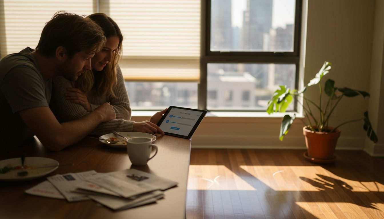 Couple controls motorized blinds with tablet