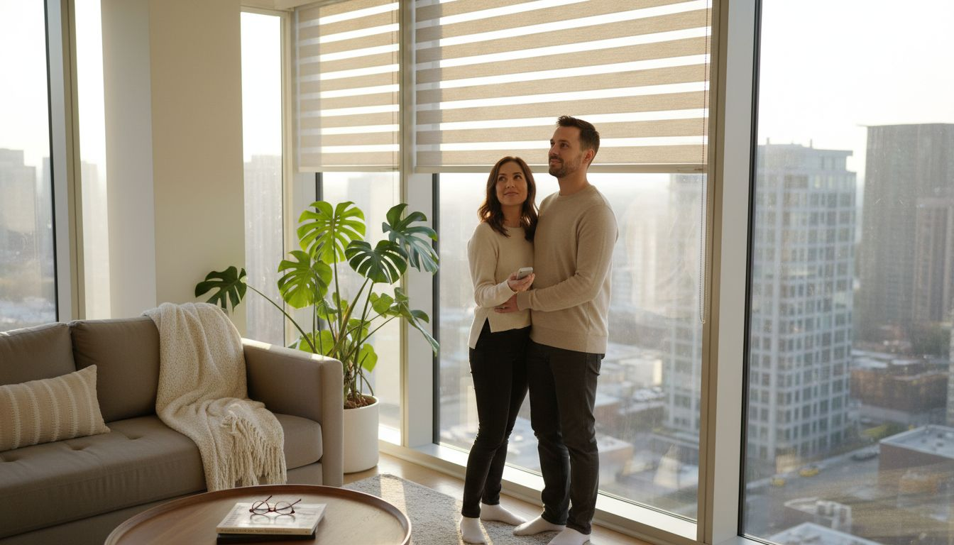 Couple adjusting motorized blinds in living room
