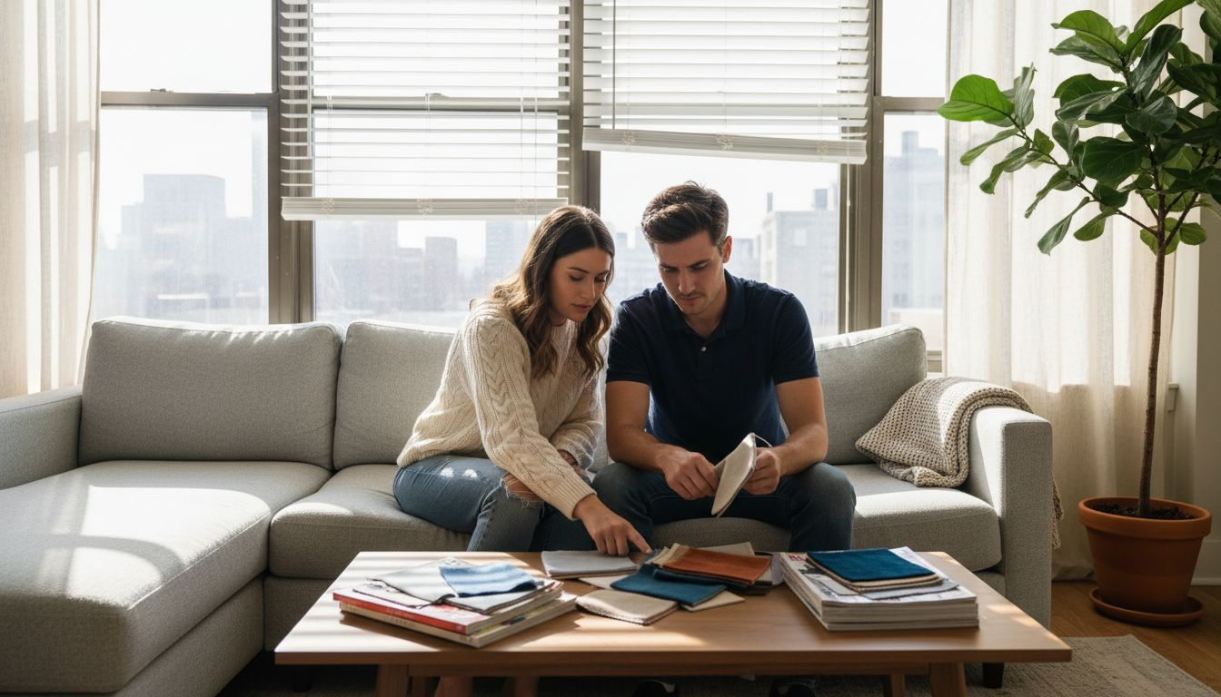 Couple choosing window treatments in living room