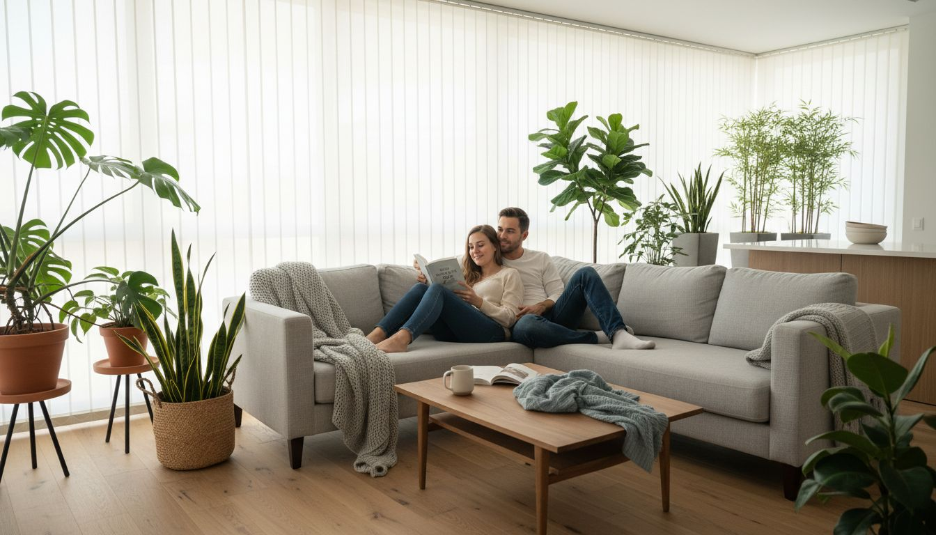 Modern living room with biophilic design elements