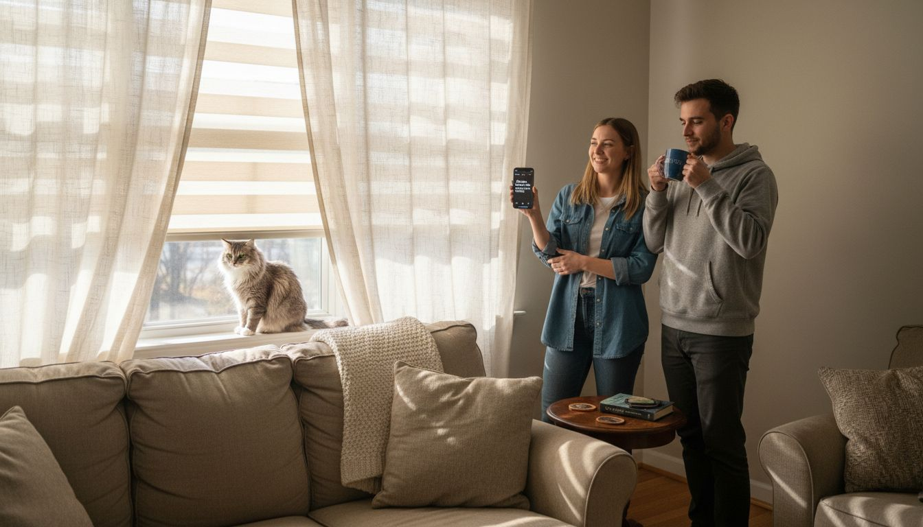 Couple using Alexa to control living room blinds