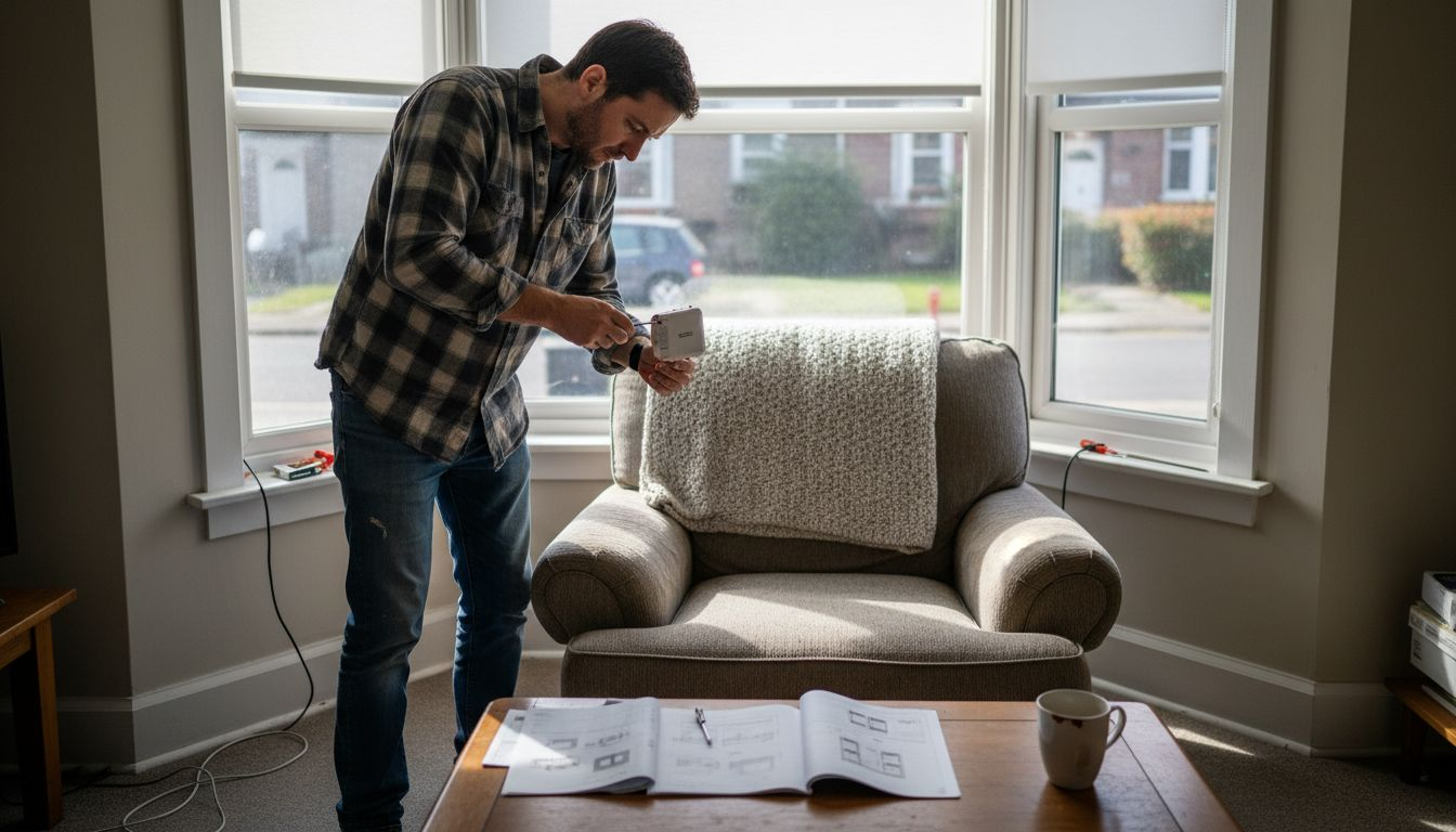 Homeowner installing motor kit on blinds