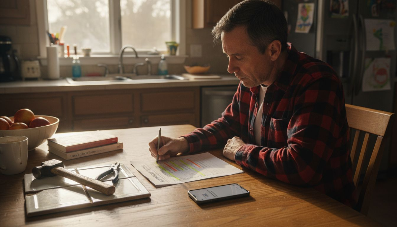 Homeowner reviews checklist with tools on kitchen table